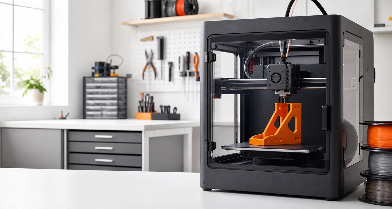 FDM-3D-Drucker fertigt einen orangefarbenen technischen Halter in einer hellen Werkstatt