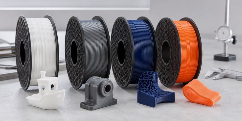 Filamentrollen und FDM-Musterteile in Weiß, Anthrazit, Blau und Orange