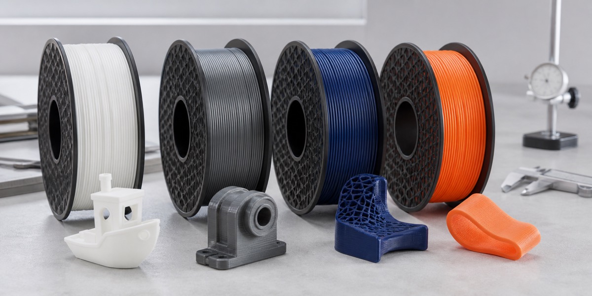 Filamentrollen und FDM-Musterteile in Weiß, Anthrazit, Blau und Orange